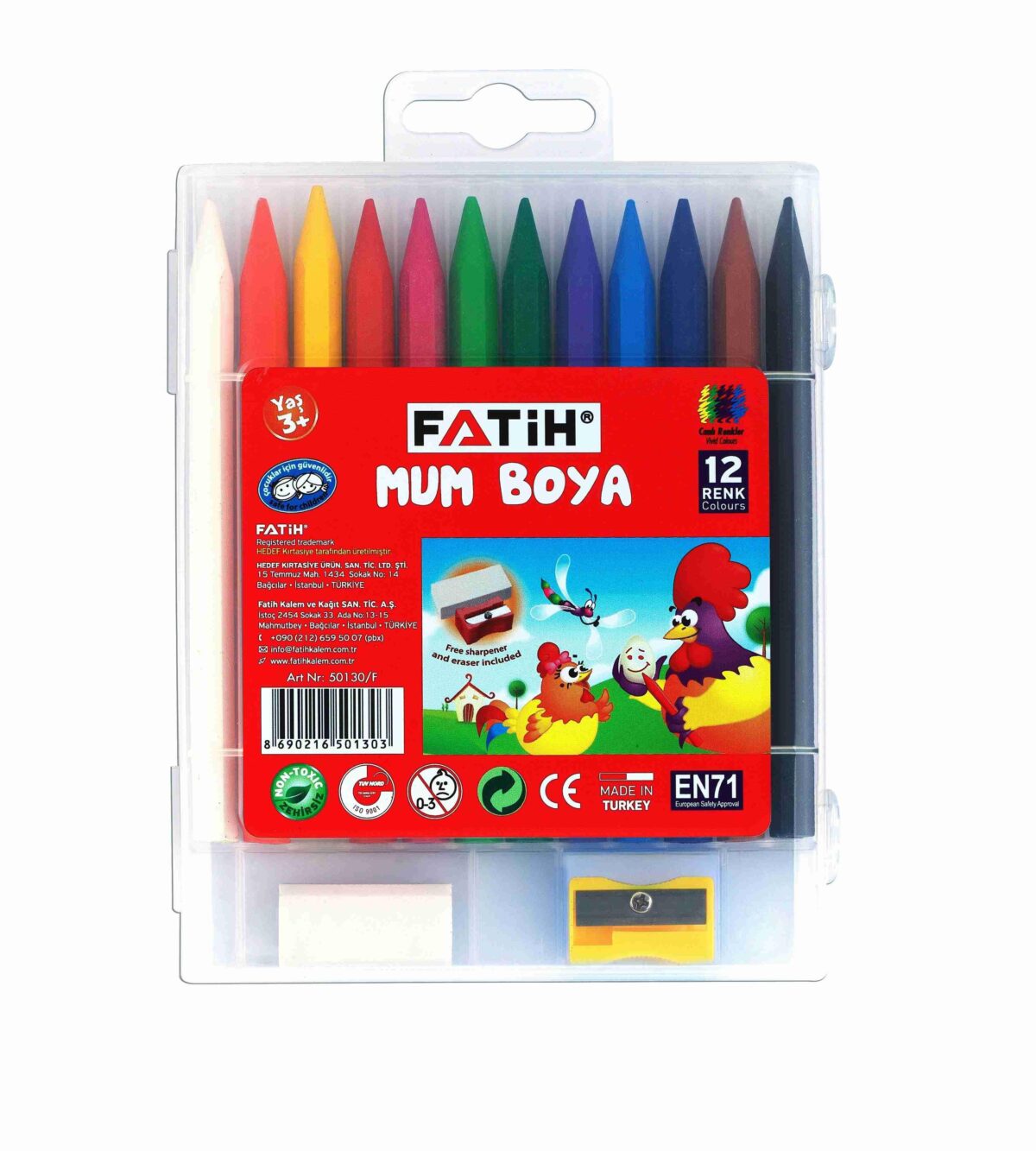 FATİH CRAYON MUM BOYA 12 RENK UZUN SİLGİ+ K.TRAŞ - Görsel 1